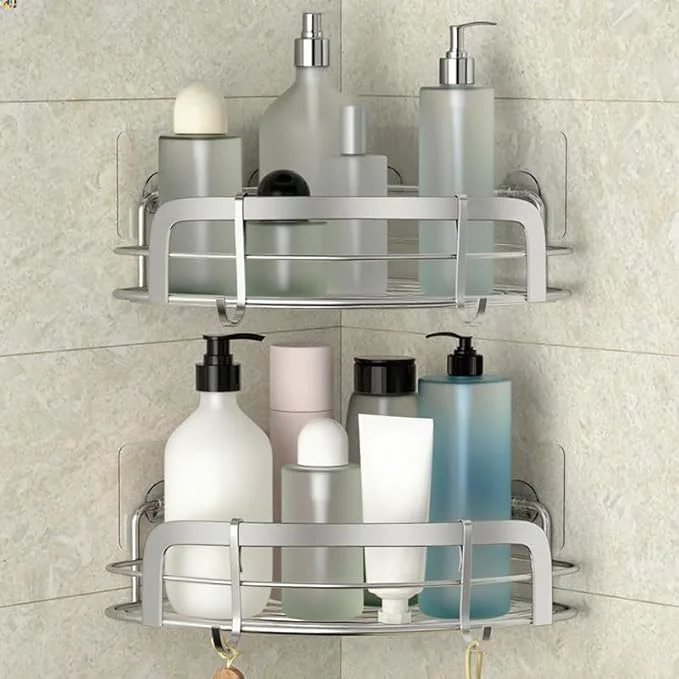 High-Performance STEUGO 2 Pack Shower Caddy Corner Bathroom Corner Shower Shelfs Adhesive Wall Mounted Shower Caddy with 4 Movable Hooks No Drilling Shower Shelf Stainless Steel Silver.About ThisOverview Optimized