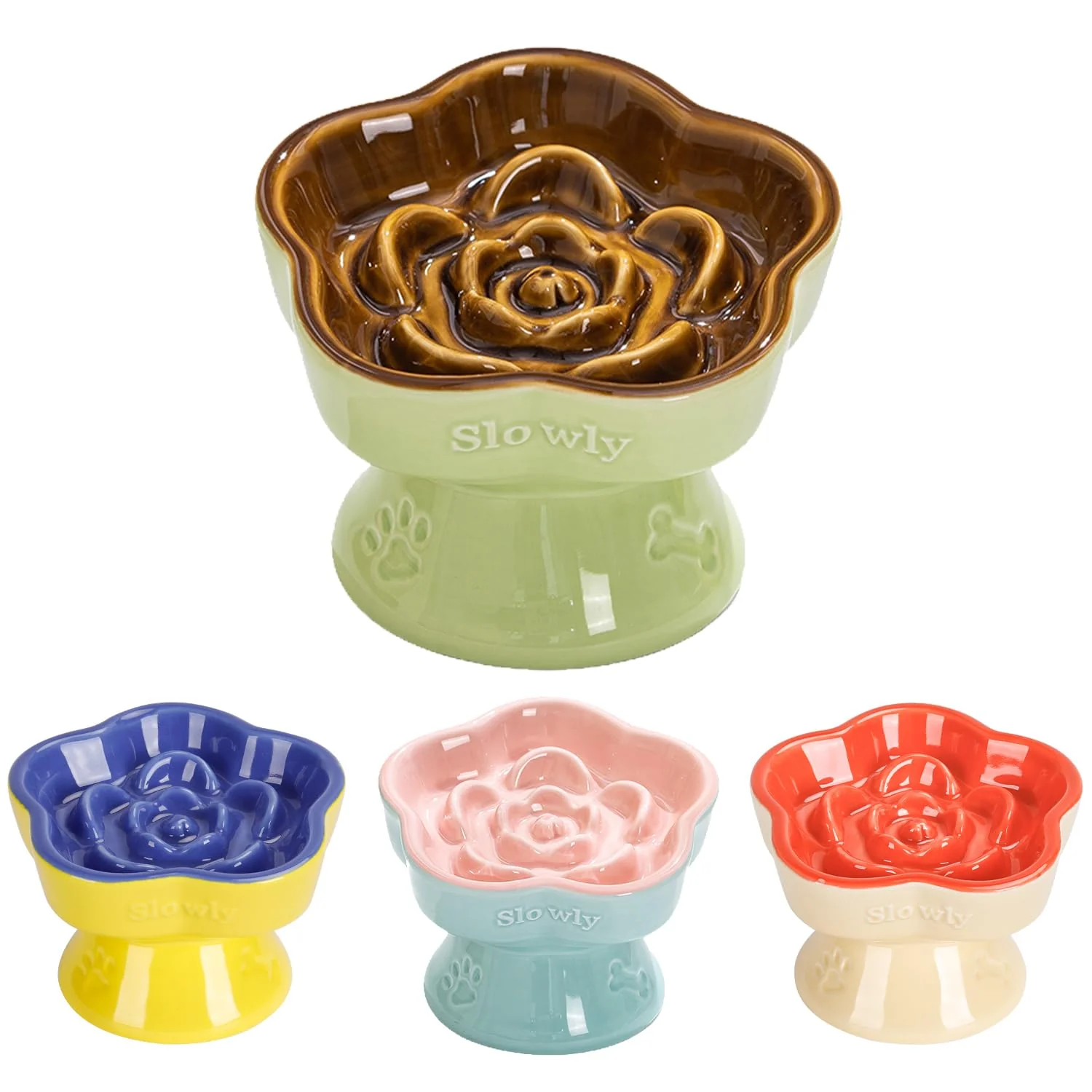 World-Class S Q’S CERAMICS Raised Slow Feeder Cat Bowl — d Flower Ceramic Dish Brown 5.8in Optimized