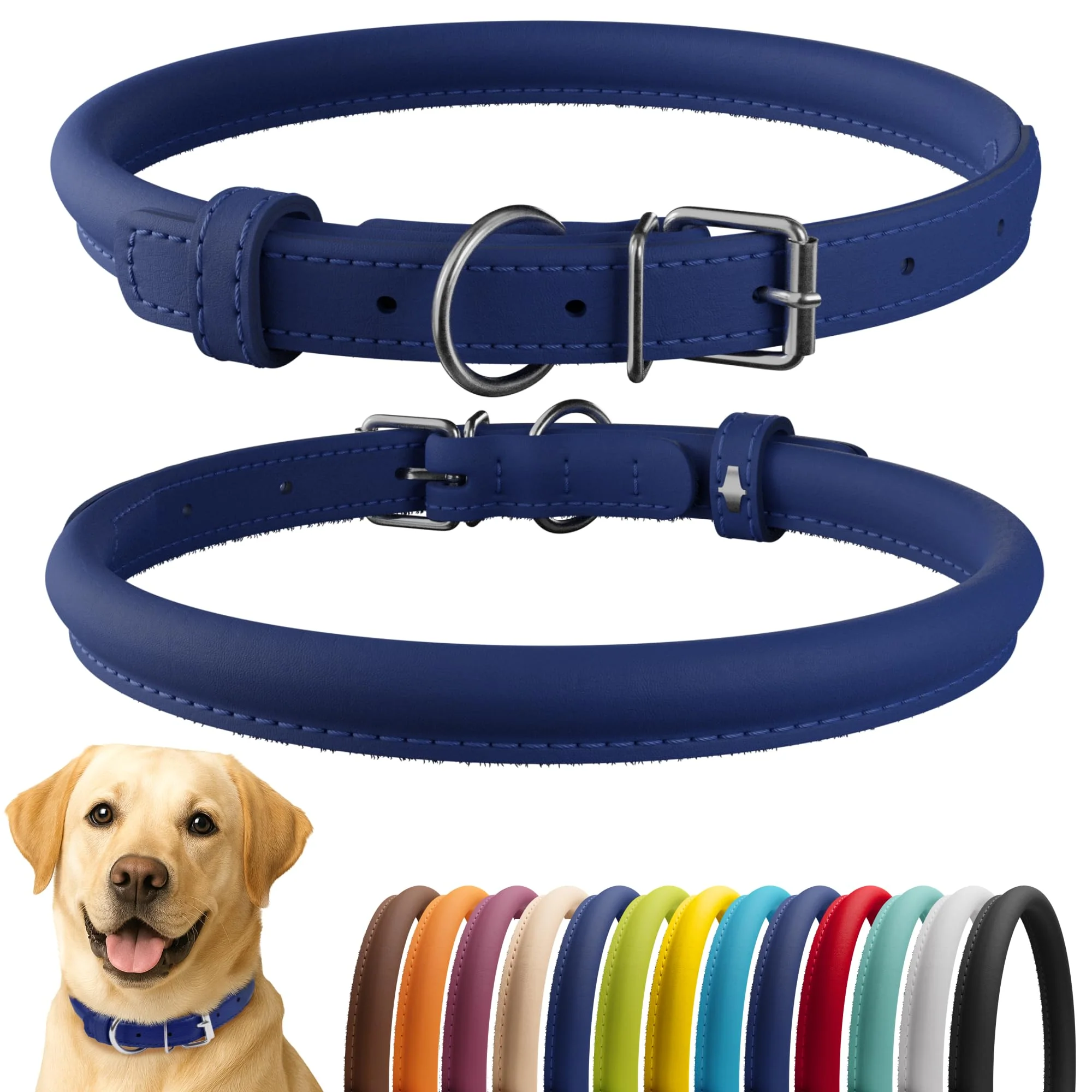 Trendy CollarDirect Rolled Leather Dog Collar – Soft Padded. 15-19 Inch Deep Blue Smooth 13 Colors Specialty