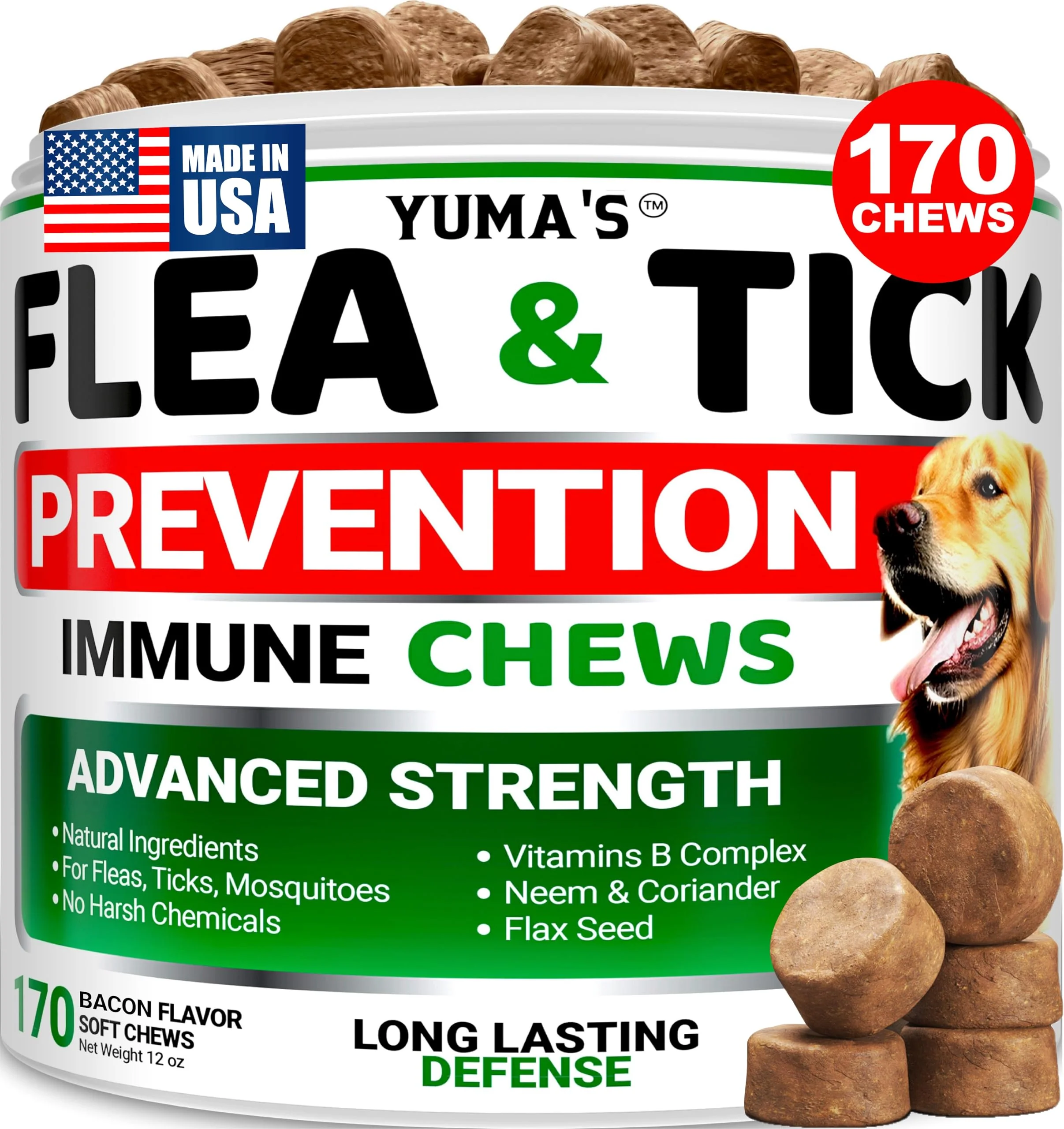 Reusable YUMA’S Flea Tick Prevention for Dogs – Bacon Flavor Chewables 170 Soft Chews Made in USA Original