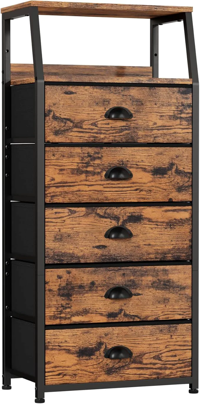 Smooth Furnulem Tall 5 Drawers Dresser Vertical Storage Tower Fabric Dresser for Bedroom Hallway Entryway Nursery Closet Organizer Nightstand Bedside Table Furniture Sturdy Steel Frame Wood TopAbout ThisOverview Natural
