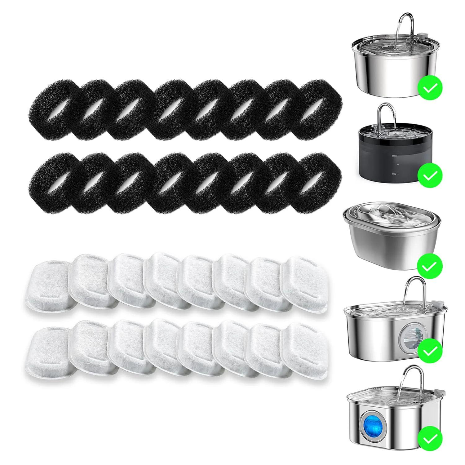 Genuine Wonder Creature 32 Pack Cat Fountain Filter 16 Carbon Filters 16 Pre-Filter Sponges for Stainless Steel Fountains Safe