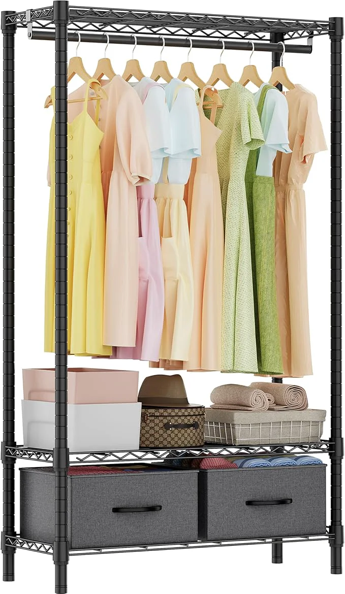 Selected Heavy Duty Rolling Garment Rack 3 Tiers Adjustable Wire Shelving with Rod Storage Closet Clothing Rack with Drawers Dark Grey 15.8 D x 35.5 W x 72.4 HAbout ThisOverview High-Performance