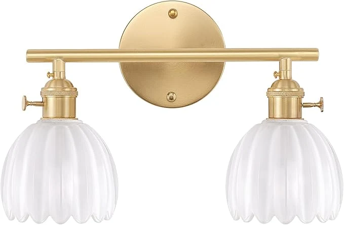 Consistent Bathroom Light Fixtures 2-Light Brass Vanity Wall Light Over Mirror with White Tulip Glass Shade for Bedroom Living Room Bulb Not Included About ThisOverview Premium