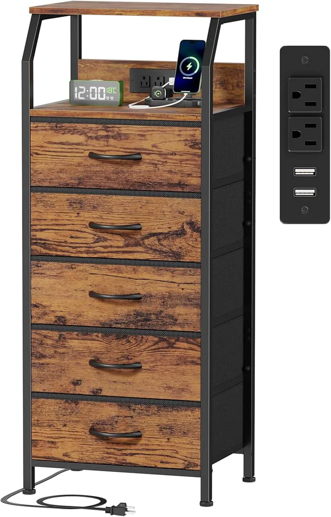 Consistent Furnulem 5 Drawers Dresser with Charging Station Tall Night Stand with Storage Shelf Fabric Chest of Drawers Bedside Table for Closet Entryway Bedroom Furniture 3 Ways to Use Rustic BrownAbout ThisOverview Solid
