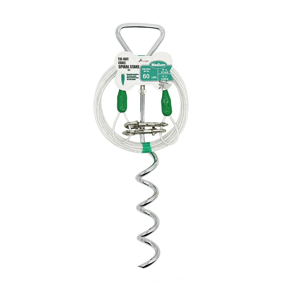 Long-Lasting Petest 16 Inch Spiral Stake with 15ft Reflective Tie-Out Cable for Medium Dogs Up to 60 lbs – DarkGreen Silver Exceptional
