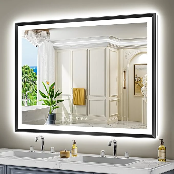 Premium Material 55×40 Black Framed LED Bathroom Mirror with Lights Backlit and Front Light Lighted Bathroom Vanity Mirror for Wall Dimmable Anti-Fog Memory Tempered Glass Horizontal VerticalAbout ThisOverview High-End