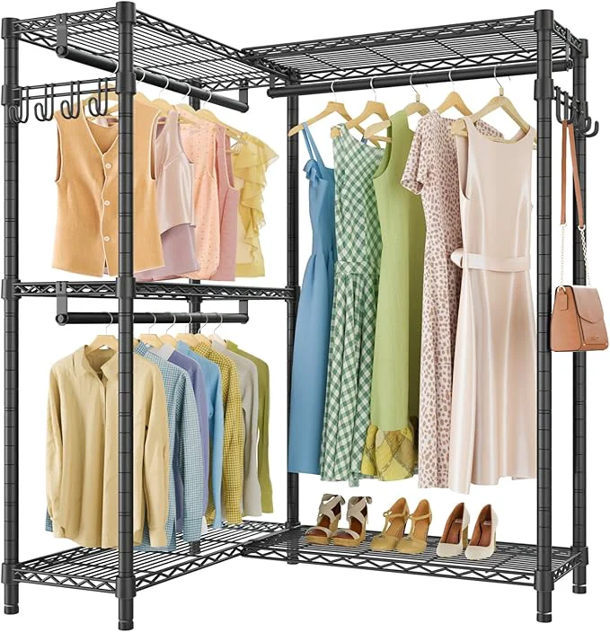 Reliable VIPEK L4 Garment Rack L Shaped Clothes Rack for Corner standing Portable Wardrobe Closet Heavy Duty Clothing Rack with 3 Hanging Rods 2 Side Hooks 43.3 Lx29.1 Wx76.4 H Max Load 810LBS BlackAbout ThisOverview Pure