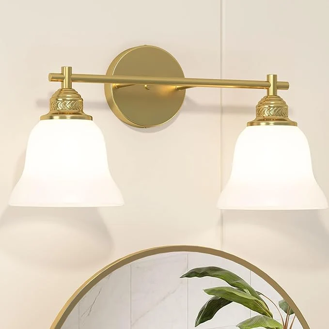 Premium Material Bathroom Light Fixture 2-Light Vanity Wall Sconce with Glass Shades Gold Finish Light Fixtures Over Mirror for Bathroom Bedroom Living Room Hallway 18inchAbout ThisOverview Safe