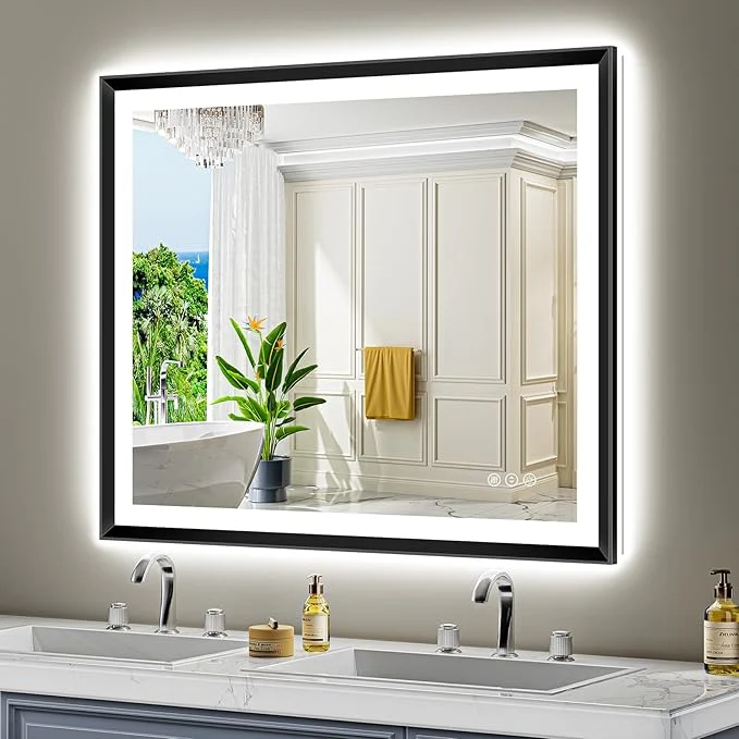 Authentic 44×36 Black Framed LED Bathroom Mirror with Lights Backlit and Front Light Lighted Bathroom Vanity Mirror for Wall Dimmable Anti-Fog Memory Tempered Glass Horizontal VerticalAbout ThisOverview Enhanced