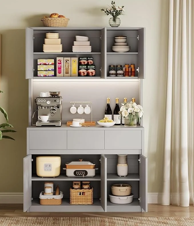 Trusted 71 Tall Kitchen Pantry Cabinet Adjustable Shelves Doors and Three Drawers Microwave Shelf Coffee Bar with LED Lights Charging Station Corner Storage Hutch for Living Room GrayAbout ThisOverview Contemporary