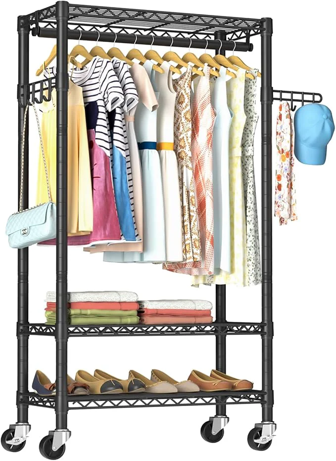 Responsible Heavy Duty Clothes Rack Rolling Garment Rack 3 Tier Adjustable Wire Shelving Clothing Racks for Hanging Clothes with Hanger Rod Side Hooks standing Wardrobe Storage Rack Metal Portable ClosetAbout ThisOverview Classic