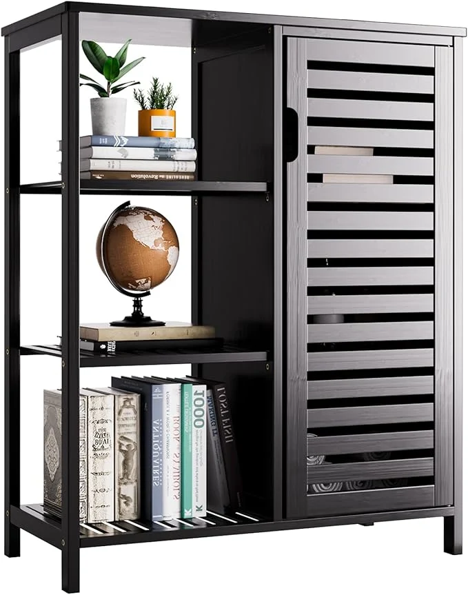 Breathable HITNET Black Bathroom Cabinet standing Storage Cabinet Bamboo Kitchen Floor Cupboard with Door and Shelf Space Saving Side Storage Organizer for Living Room Bedroom Home OfficeAbout ThisOverview Elite