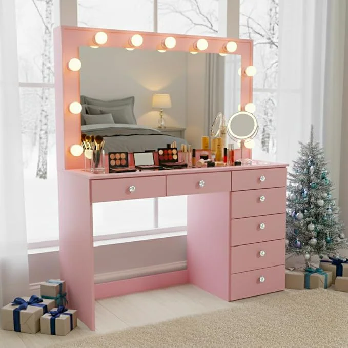 Original Design Boahaus Serena White Makeup Vanity with Mirror and 11 Lights 7 Drawers Glass Top Crystal Knobs USB-A USB-C Ports 110V Power Outlet Bedroom Vanity Desk Pink-1 About ThisOverview Durable
