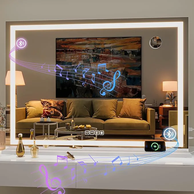 Unique Hasipu Vanity Mirror with Lights and Bluetooth Speaker 42 x 29.5 LED Makeup Mirror Lighted Makeup Mirror with Dimmable 3 Modes Touch Screen Control Vanity Mirror Square WhiteAbout ThisOverview Traditional