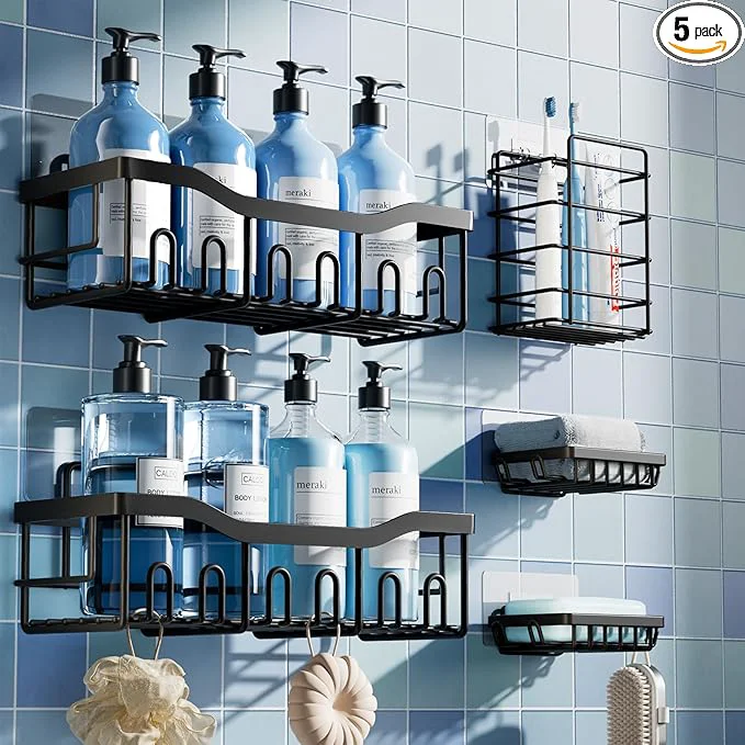 Pure EUDELE 5-Pack Rustproof Stainless Steel Shower Caddy Set– No Drill Adhesive Bathroom Organizer Space-Saving Shower Shelves for Apartment Essentials Bathroom Kitchen Storage Home Decor-L SizeAbout ThisOverview Carefully Designed