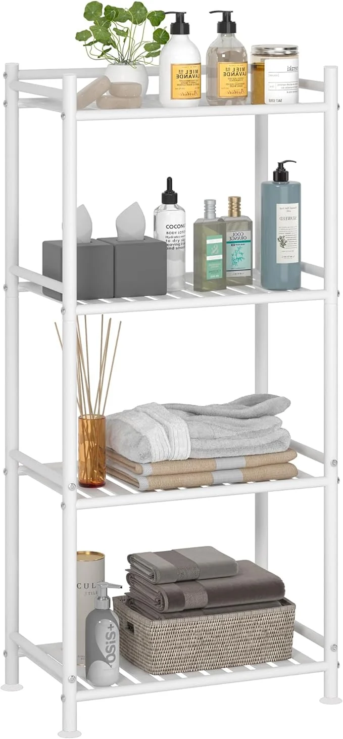 Prestigious 4 Tier Bathroom Storage Open Shelf Unit -Standing Metal Corner Rack Shelving for Kitchen Living Room Hallway White Wider 4 Tier About ThisOverview Easy-to-Use
