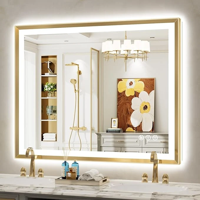 Carefully Designed 48×38 Gold Framed LED Bathroom Mirror with Lights Backlit and Front Light Lighted Bathroom Vanity Mirror for Wall Dimmable Anti-Fog Memory Tempered Glass Horizontal VerticalAbout ThisOverview Trendy