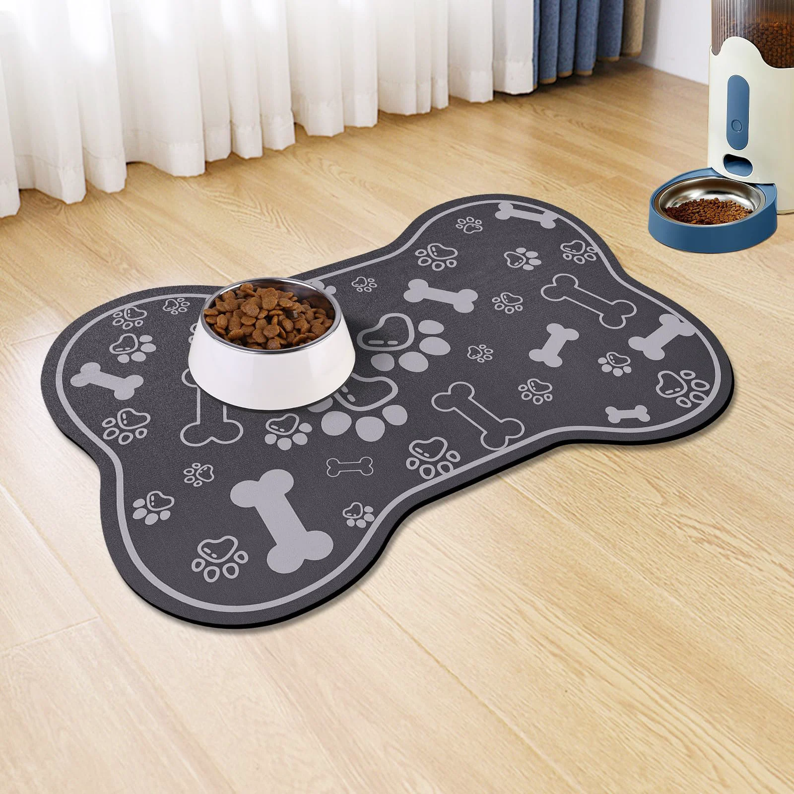 Certified Voanos Dog Cat Food Mat – Rapid Absorbent Bone Shaped Placemat 17×29 Dark Grey Fast