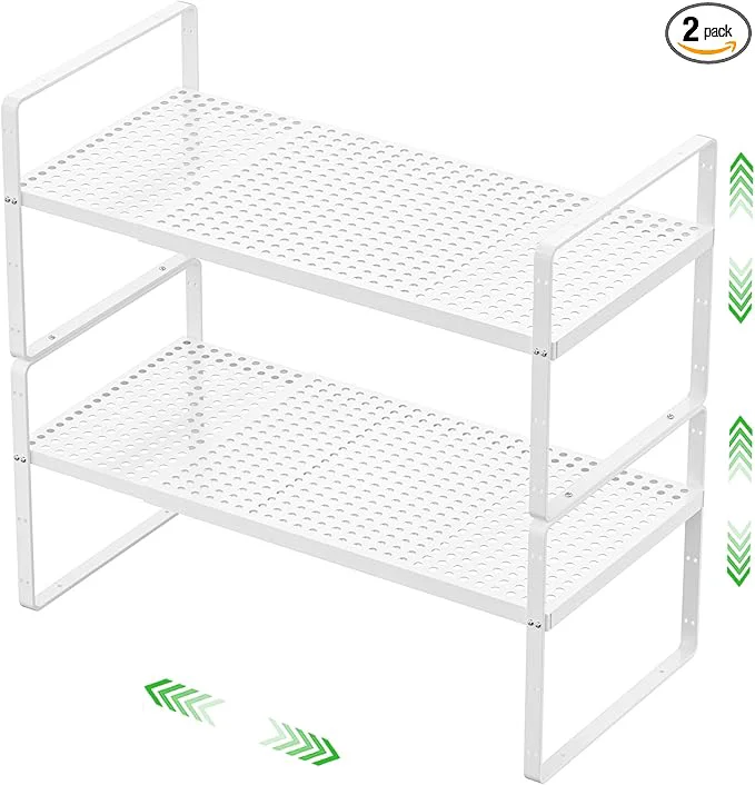 Safe Expandable Cabinet Storage Shelf Stackable Organizer Rack for Kitchen Bathroom Pantry Spice Cupboard Coffee Countertop Home Office Desk Heavy Duty Nonslip White Small 2 PacksAbout ThisOverview Fine Crafted