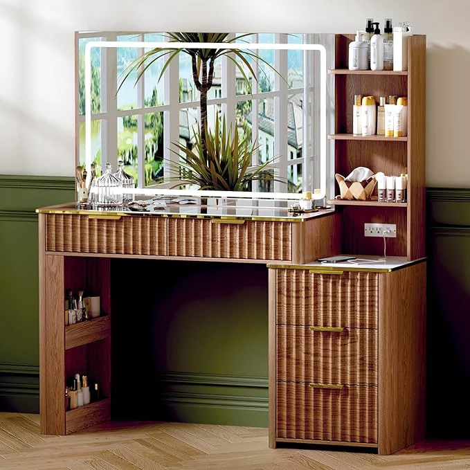 Smooth Modern Vanity Desk with Mirror and Lights 49.2” Fluted Makeup Vanity Desk with 5 Drawers and Shelves Dressing Table with Glass Top and Power Outlet for Bedroom WalnutAbout ThisOverview Clean