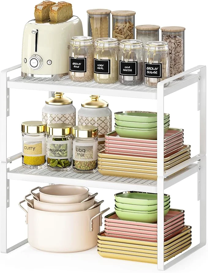 Detailed 2 Pack Kitchen Countertop Organizer Stackable Cabinet Shelf Organizer 2 Tier Adjustable Kitchen Counter Shelves Riser For Pantry Cupboard Bathroom Organization And Storage Desk Shelf Spice RackAbout ThisOverview Specialty
