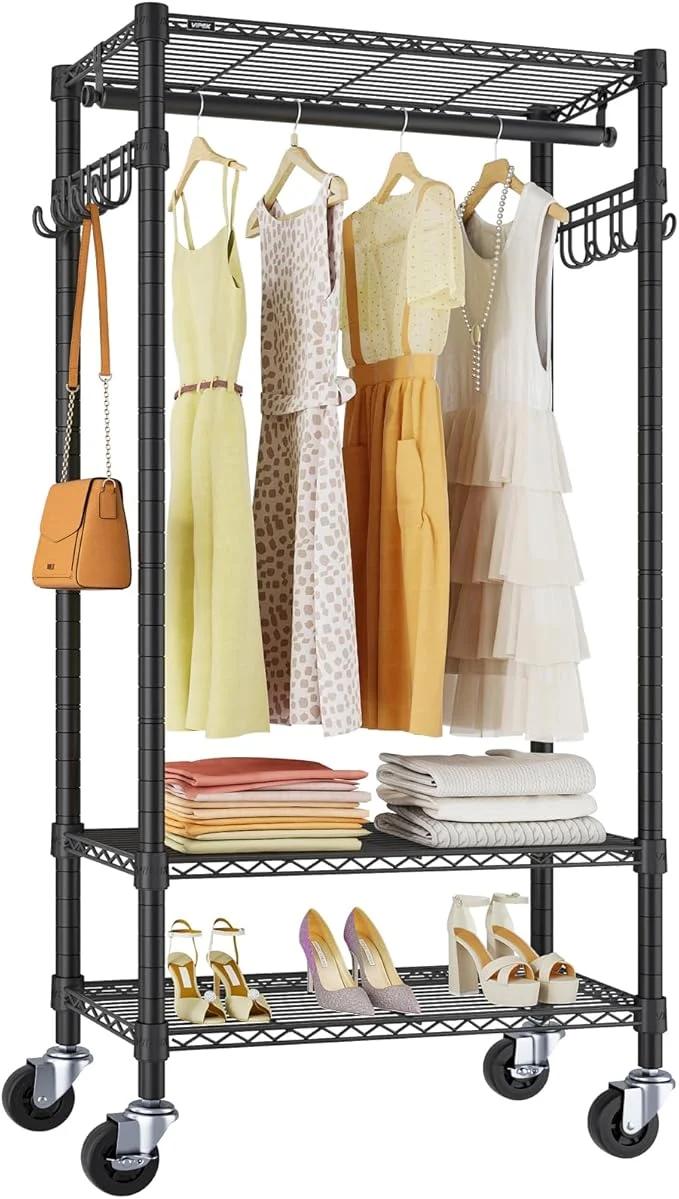 Powerful VIPEK R3 Medium Rolling Clothes Racks with Lockable Wheels Heavy Duty Garment Rack with Adjustable Shelves Hanging Rod Side Hooks Compact Space-Saving Storage for Small Apartments Dorms Black About ThisOverview Effective