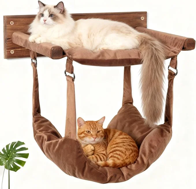 User-Friendly JSPYFITS Wooden Cat Wall Hammock 18.9 x 12.6 Inch Double Layer Cat Furniture Comfortable