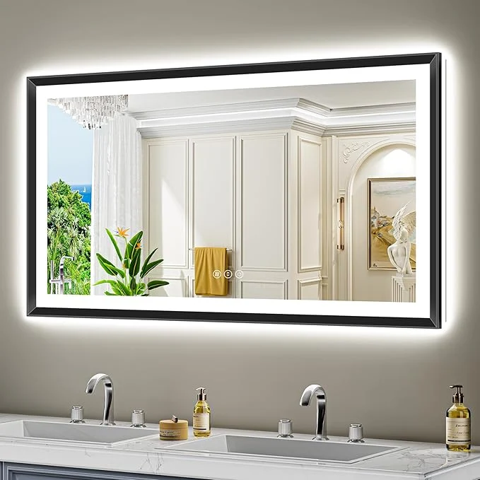 Minimalist 55×30 Black Framed LED Bathroom Mirror with Lights Backlit and Front Light Lighted Bathroom Vanity Mirror for Wall Dimmable Anti-Fog Memory Tempered Glass Horizontal VerticalAbout ThisOverview Verified