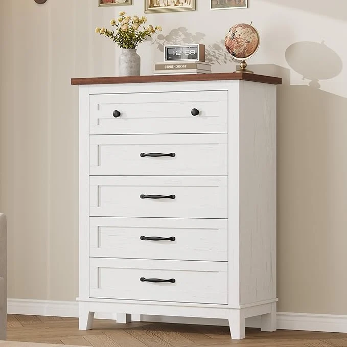 Environmentally Friendly GarveeHome 5 Dresser for Bedroom 41.3 in Tall Vertical Drawer Dresser with Large Storage standing Wooden Closet Chest for Bedroom Living Room White BrownAbout ThisOverview Fine Crafted