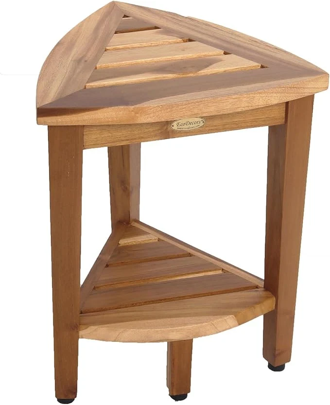 Efficient EcoDecors Snazzy Corner Waterproof Teak Wood Shower Bench Stool Seat Chair For Inside Shower Provides Safety Storage and Organization For Bathroom AccessoriesAbout ThisOverview Trendy