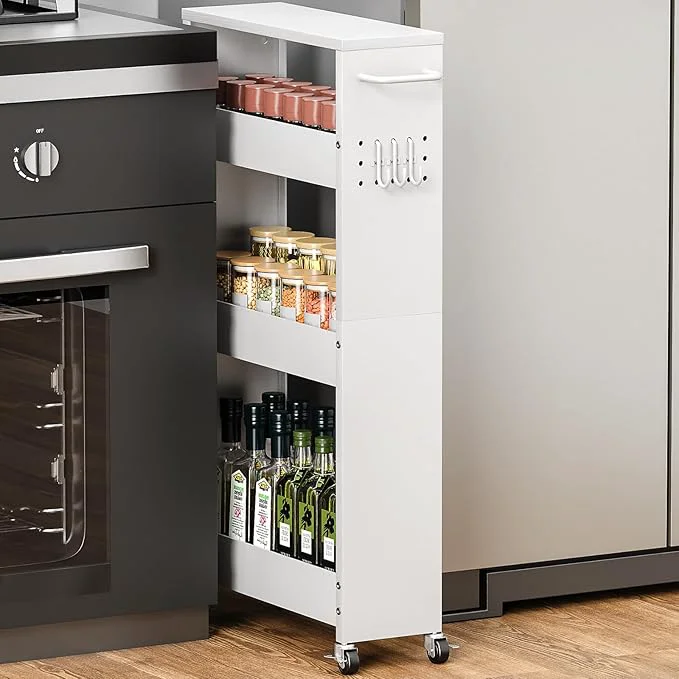 Genuine Slim Storage Cart 4 Tier Rolling Kitchen Cart on Wheels for Small Space Narrow Laundry Bathroom Organizers Mobile Shelving Unit Metal Utility Cart with Handle 5.9in Width WhiteAbout ThisOverview Effective
