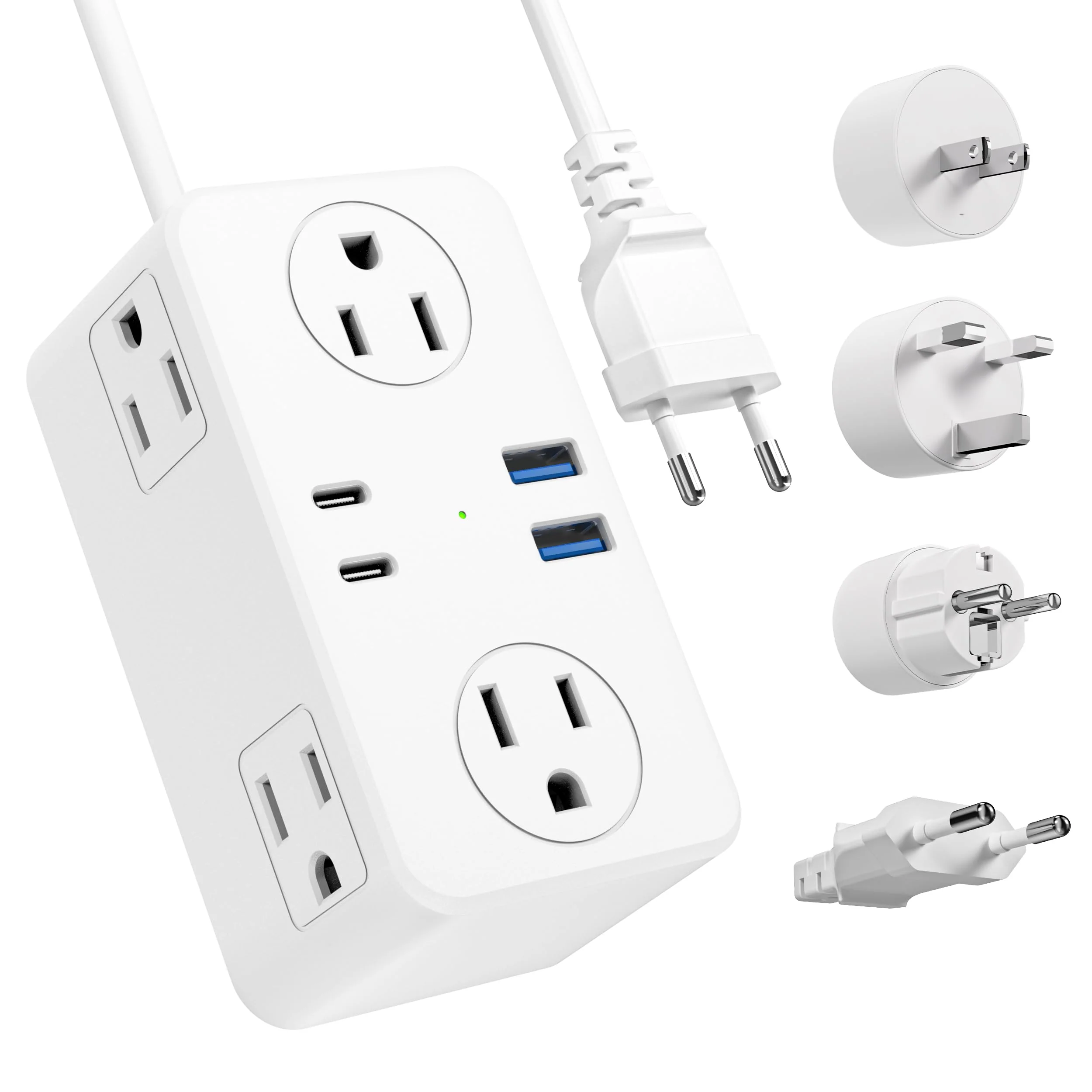 Fine Crafted International Travel Power Strip Adapter — 10-in-1 with 6 AC Outlets 4 USB Ports 2 USB-C 3ft Extension Cord EU UK US Germany Plugs Premium Material