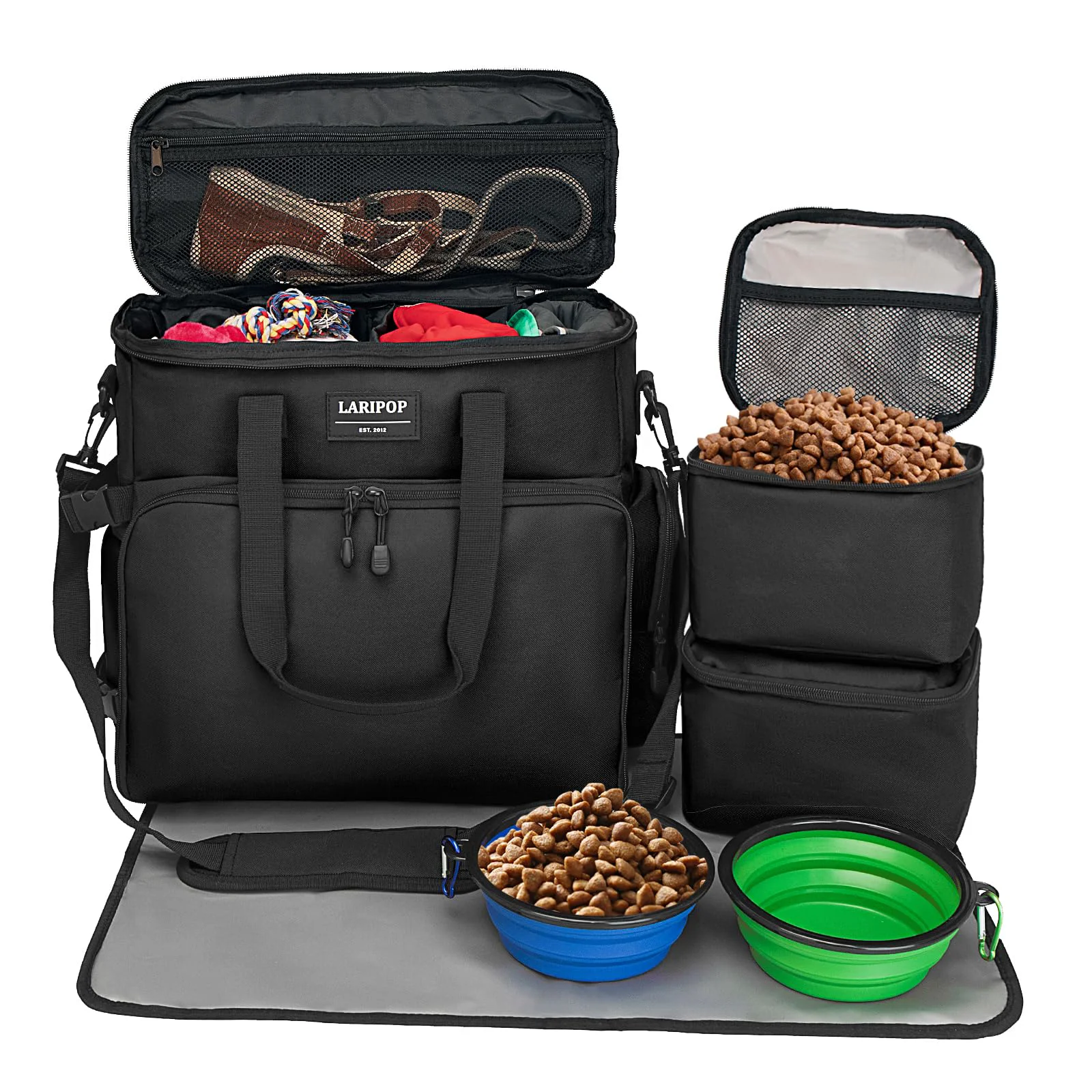 Flexible Portable Dog Travel Bag with Food Containers Collapsible Bowls Feeding Mat – Airline Friendly High-Grade