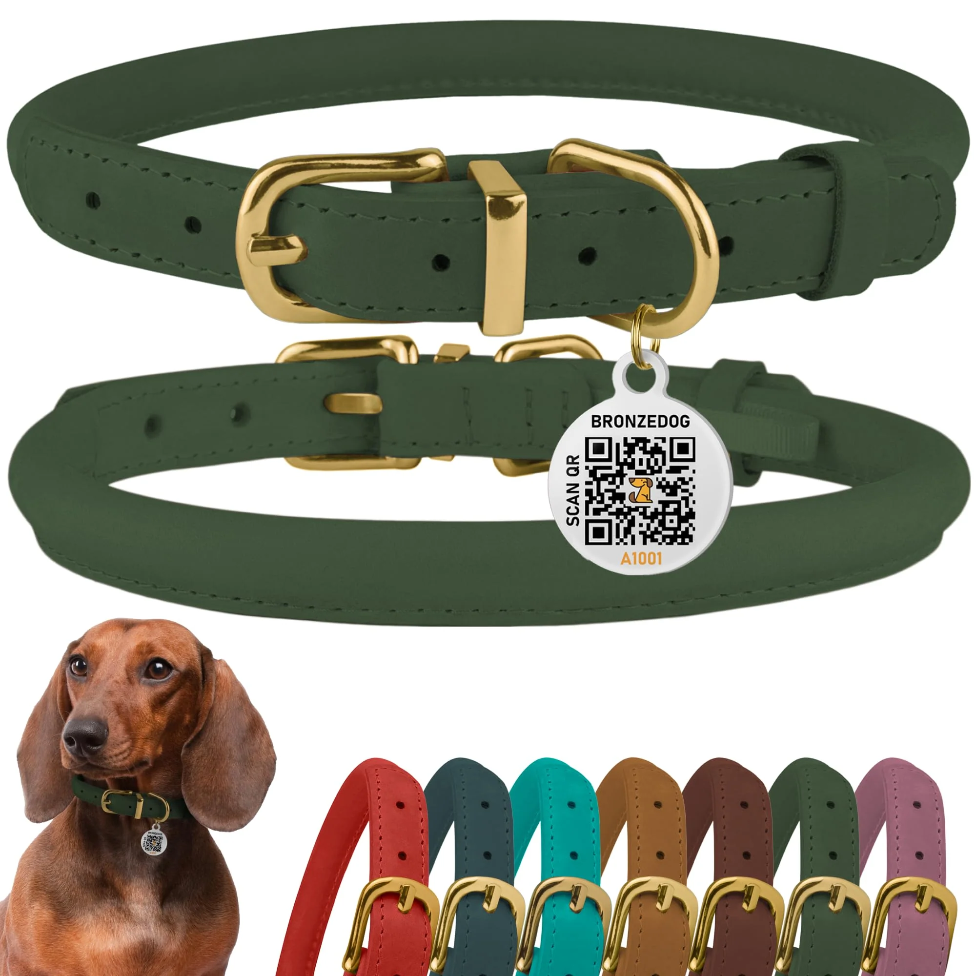Prestigious BRONZEDOG Rolled Leather Dog Collar with QR ID Tag – Emerald Green 14-16in Neck Sophisticated