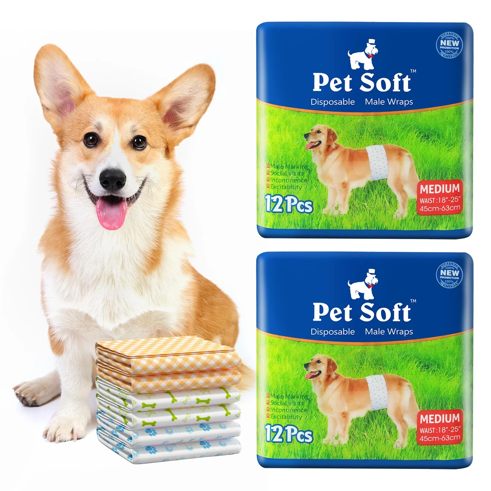 Genuine Pet Soft Disposable Male Dog Wraps – Medium 18-25 in 24ct Absorbent Reusable Tapes Green