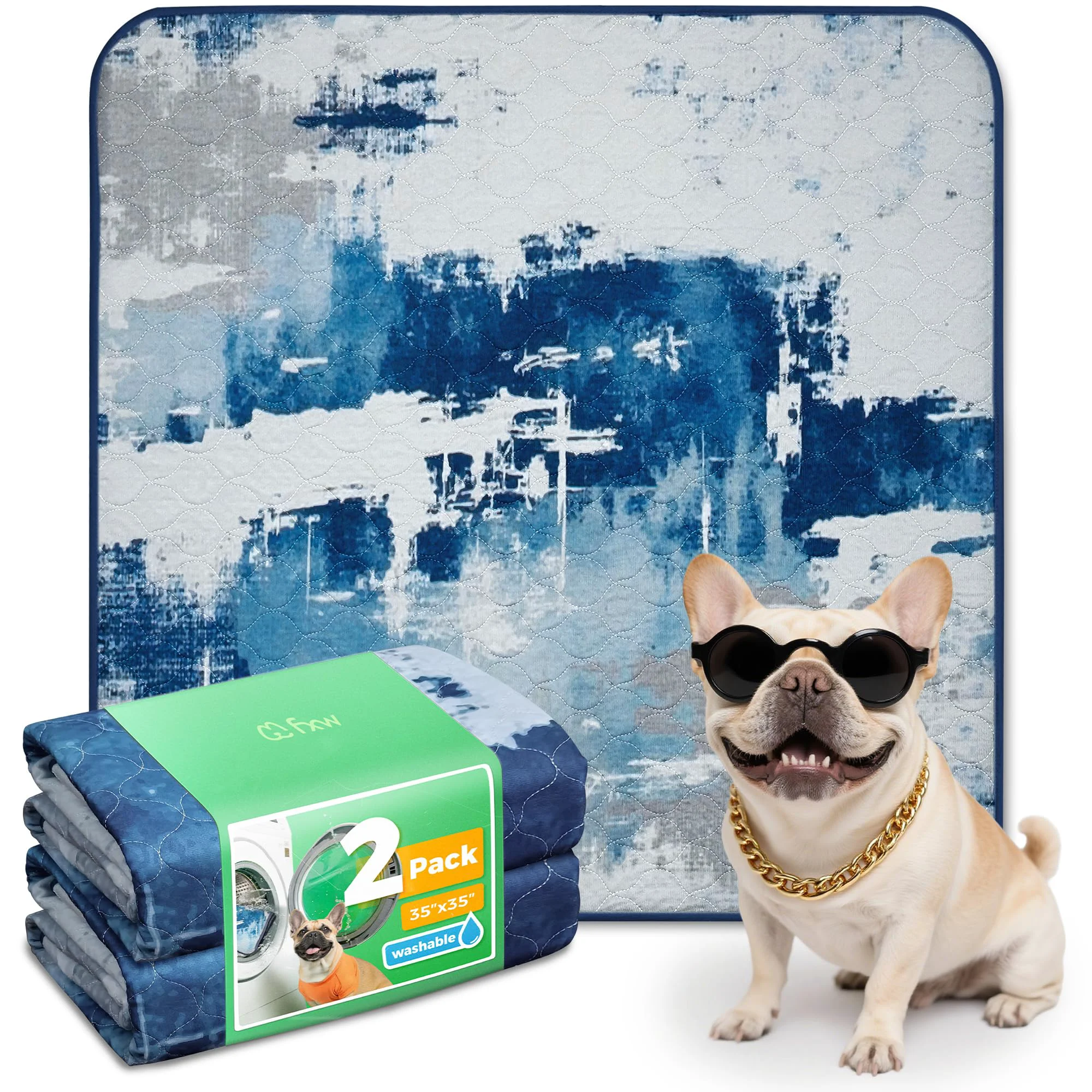 Professional FXW Washable Pee Pads for Dogs – 35-inch Square Tie-Dye Blue 2 Packs – Potty Training Reusable Fast