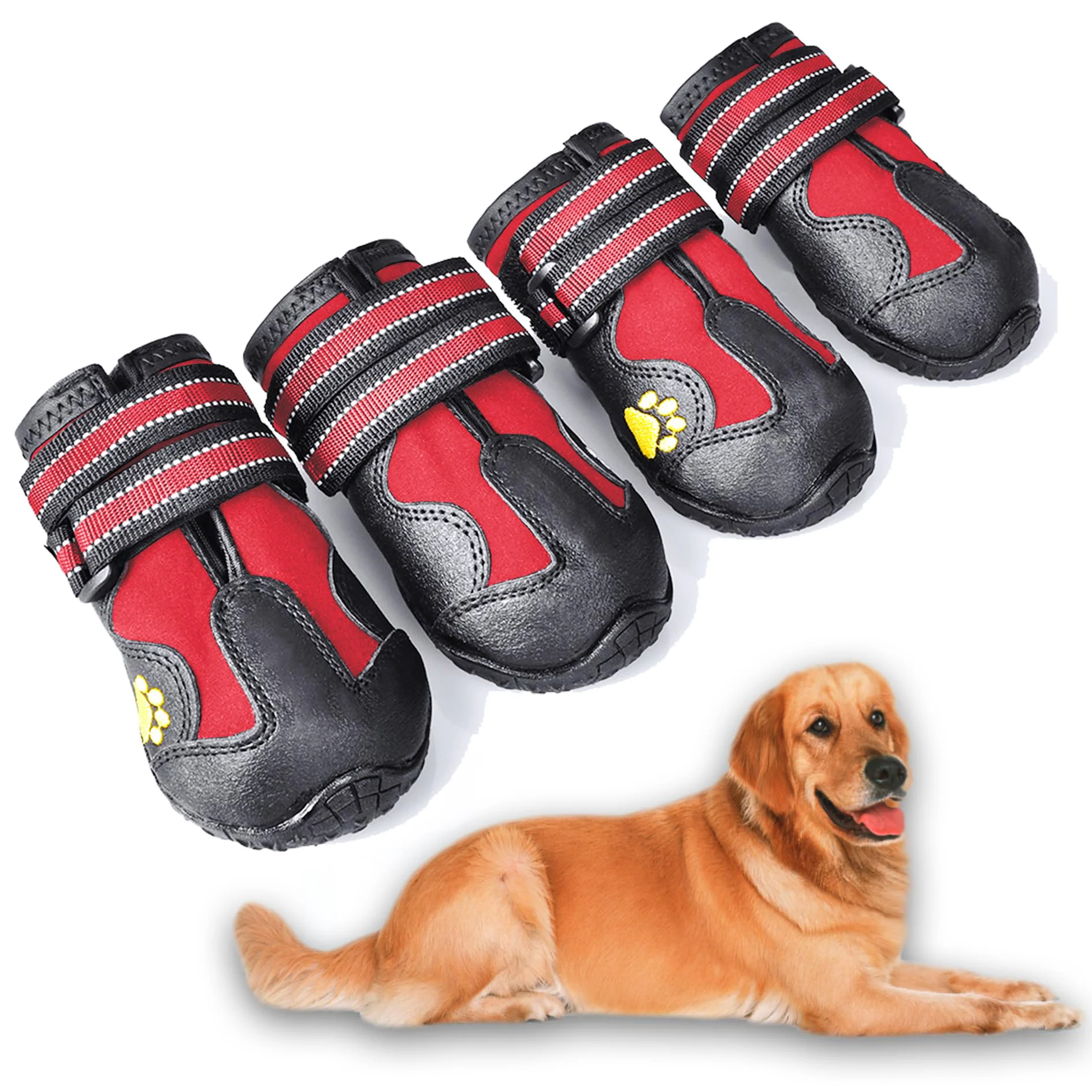 World-Class XSY G Dog Boots Size 4 – Waterproof Reflective Strips Anti-Slip Sole Outdoor Dog Shoes 4 Pcs Red Long-Lasting