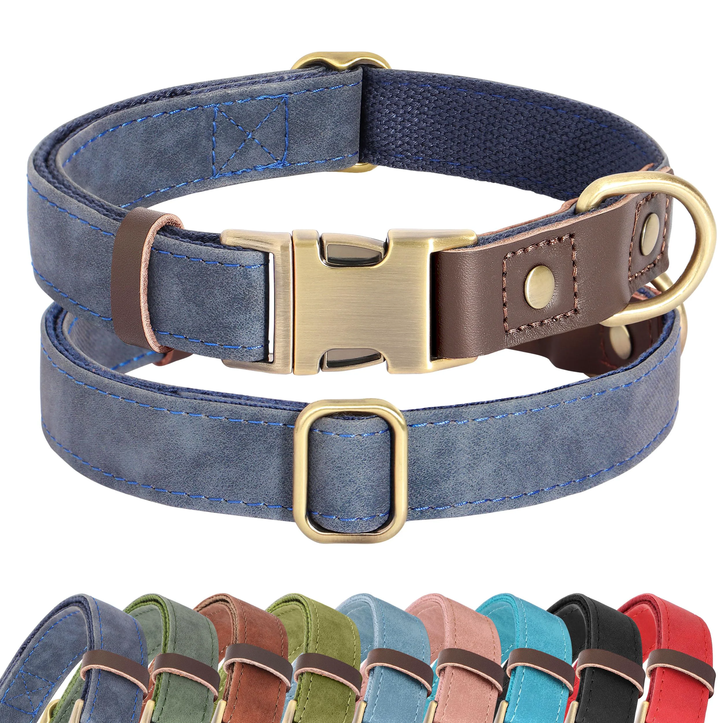 Fashionable Didog Soft PU Leather Dog Collar for Large Dogs — XL 17-26 in 1.25 in Wide with Quick Release Buckle Blue Classic