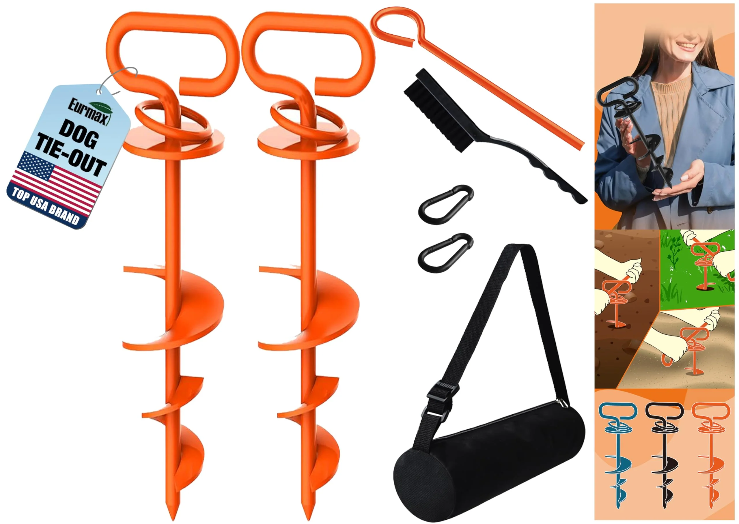 Certified Eurmax USA Dog Tie Out Stake Triple Lock – Heavy Duty Large Dog Anchor 2-Pack Orange for Yard Park Travel Premium