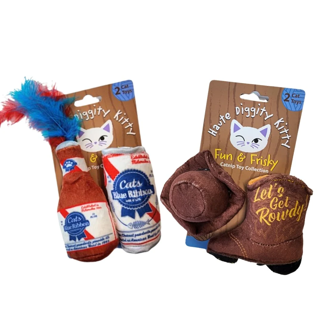 Luxury Haute Diggity Kitty Cats Blue Ribbon Kitty Cowboy Set – Plush Cat Toys with Catnip Crackle Casual