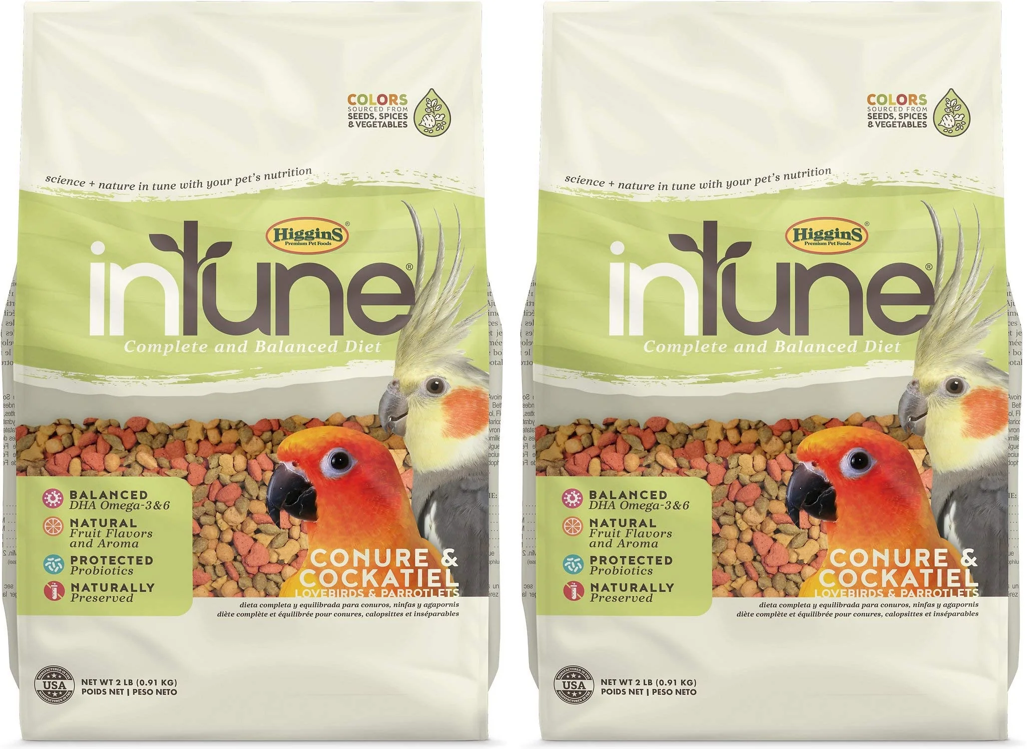 High-End Higgins Intune 2 Pack Conure Cockatiel Food – Complete Balanced Diet 2 lb Bags Soft