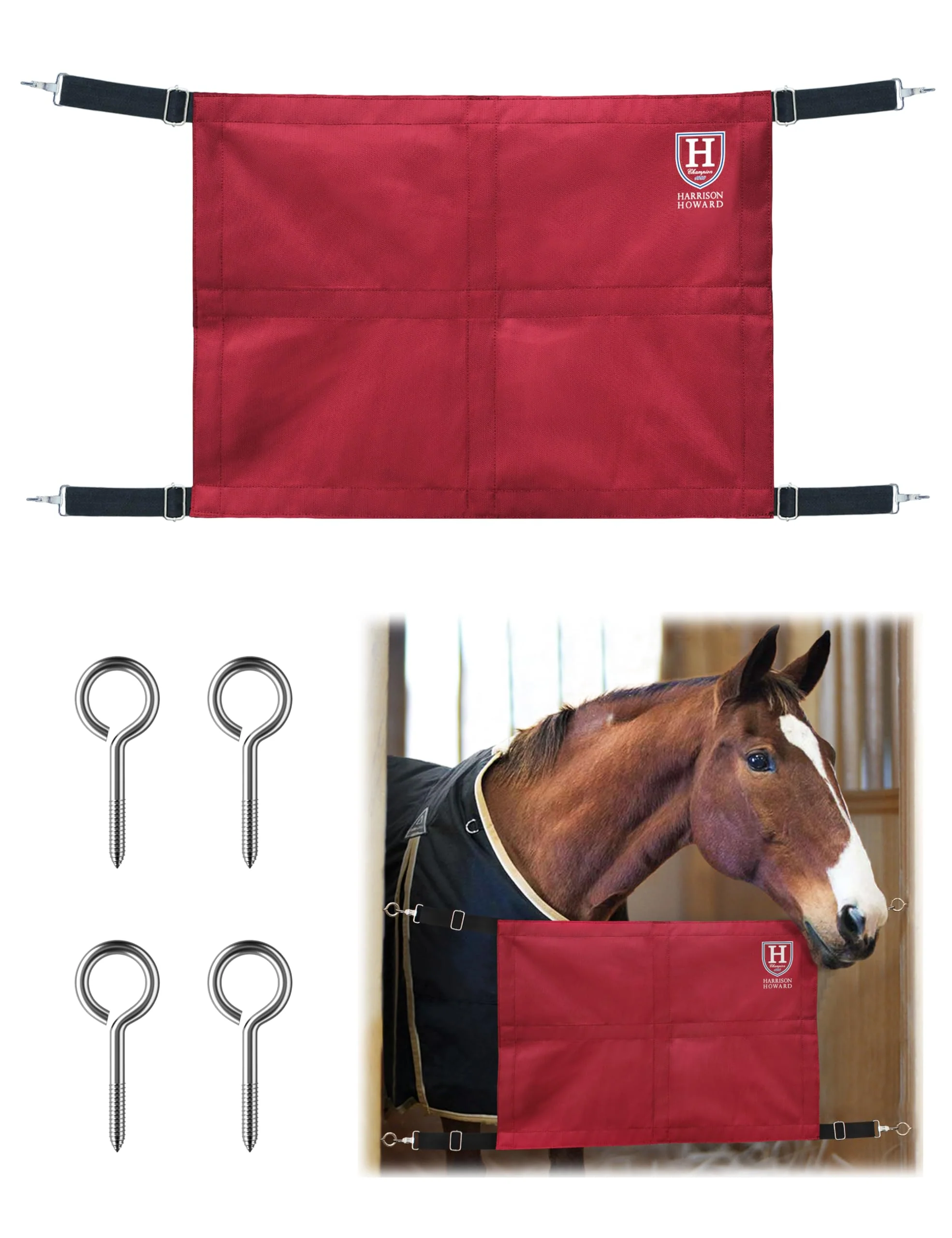 High-Grade Harrison Howard Stall Guard for Horse Barn with Adjustable Straps Sturdy Spring Hooks – Red Reliable