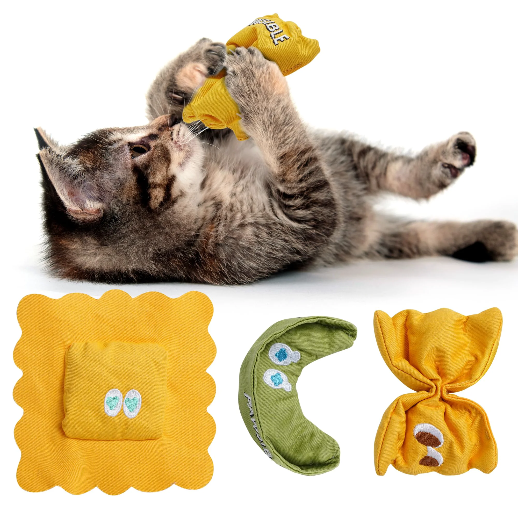 Durable Pawsible 3 Pack Ravioli Catnip Toys – Interactive Plush Catnip Toys for Indoor Cats Clean