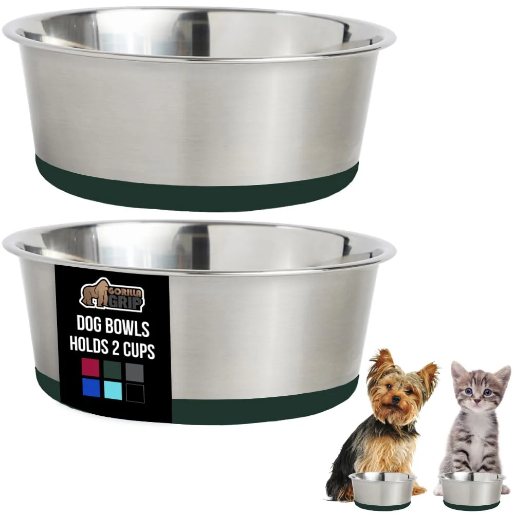 Trusted GORILLA GRIP Dog Bowls – Heavy-Duty Stainless Steel 2 Cups Each 16 oz – Set of 2 Green Efficient