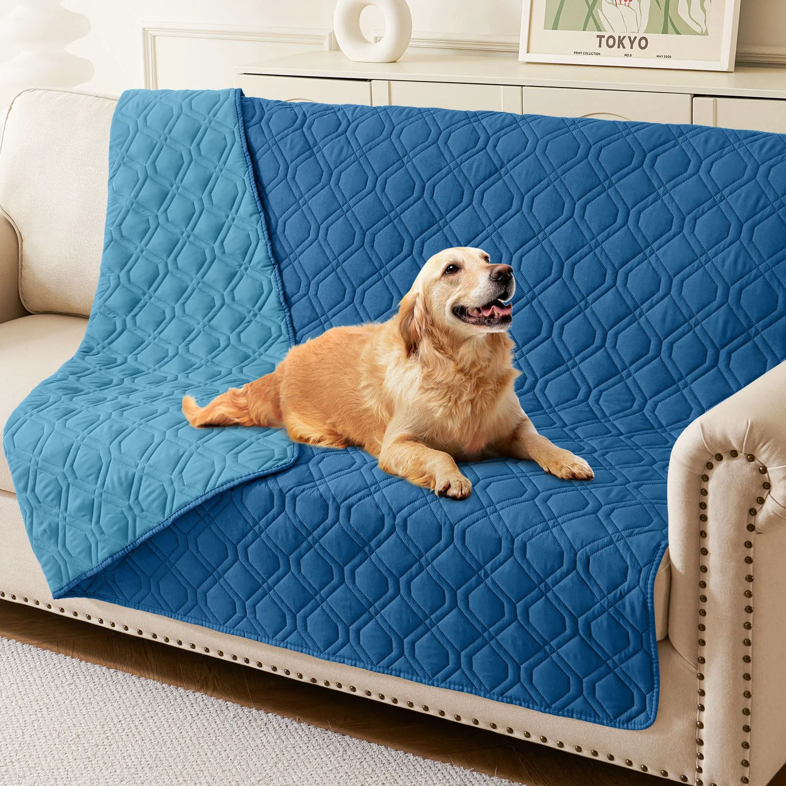 Efficient hyha Waterproof Dog Bed Blanket 52×82 in – Reversible Couch Cover for Furniture Dual Waterproof Layers Navy Blue Blue Soft