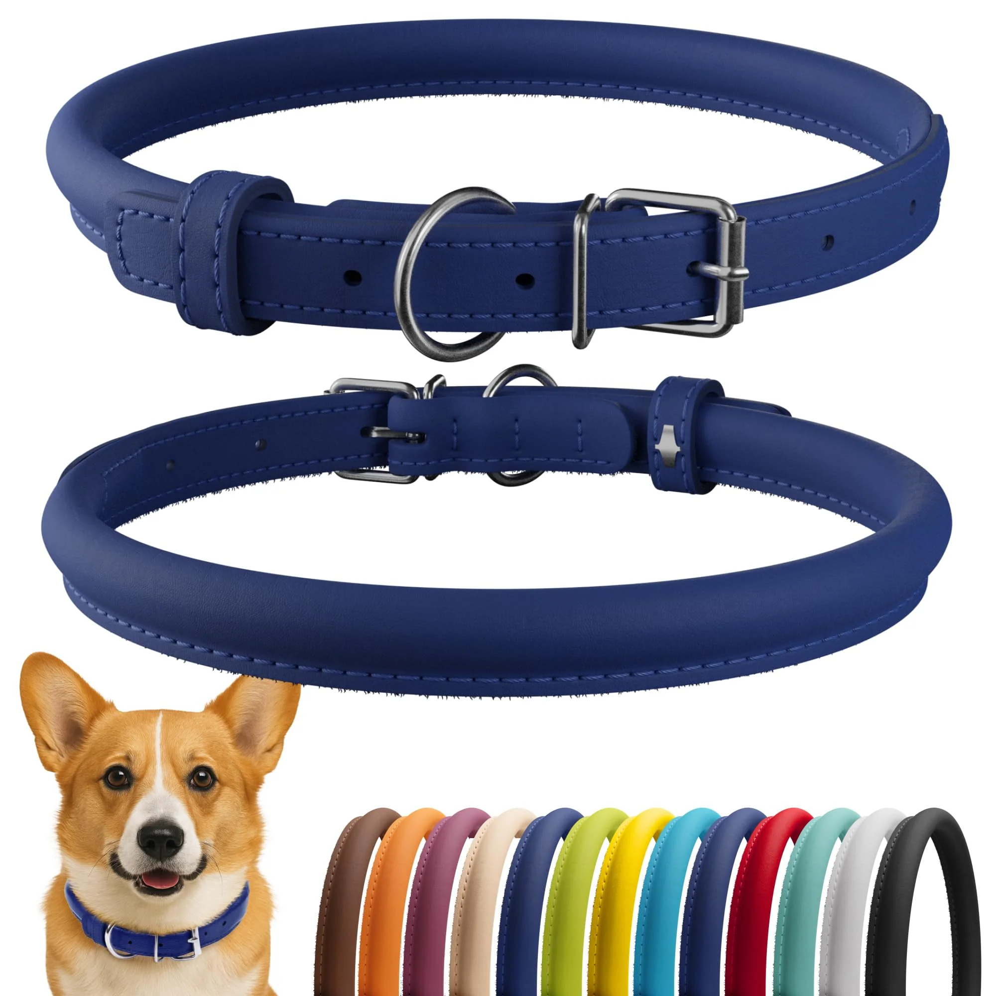 Superior CollarDirect Rolled Leather Dog Collar Soft Padded Handmade Leather 13-16 in Deep Blue Smooth Lightweight