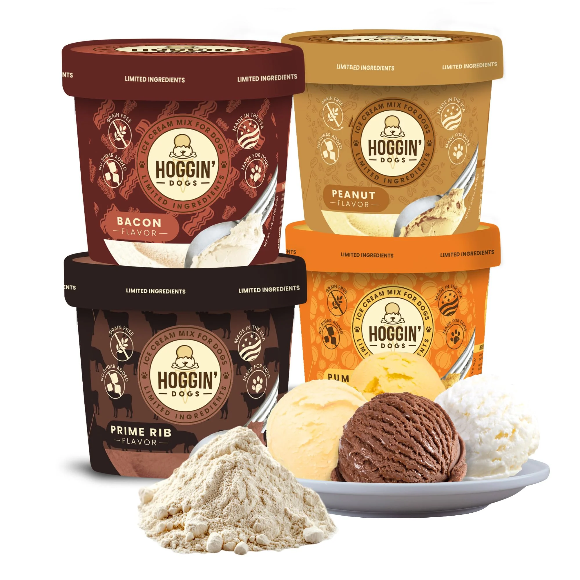 Genuine Puppy Cake Hoggin Dogs Ice Cream Mix — 4 Flavor Pack Pumpkin Bacon Prime Rib Peanut Made in USA Casual