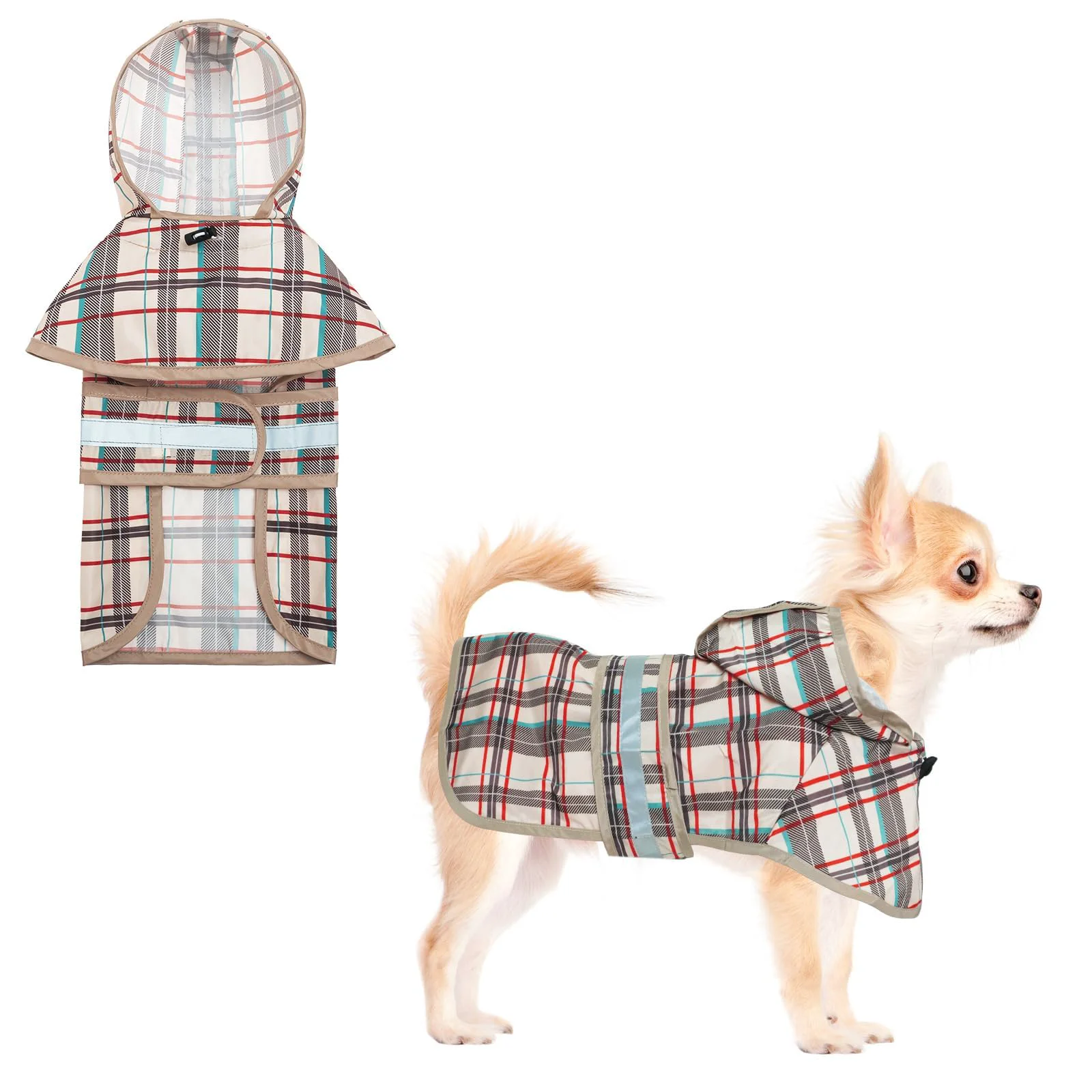 Smart KOOLTAIL Dog Raincoat Hooded Slicker Poncho with Leash Hole – Beige XS Waterproof with Reflective Strip Lightweight