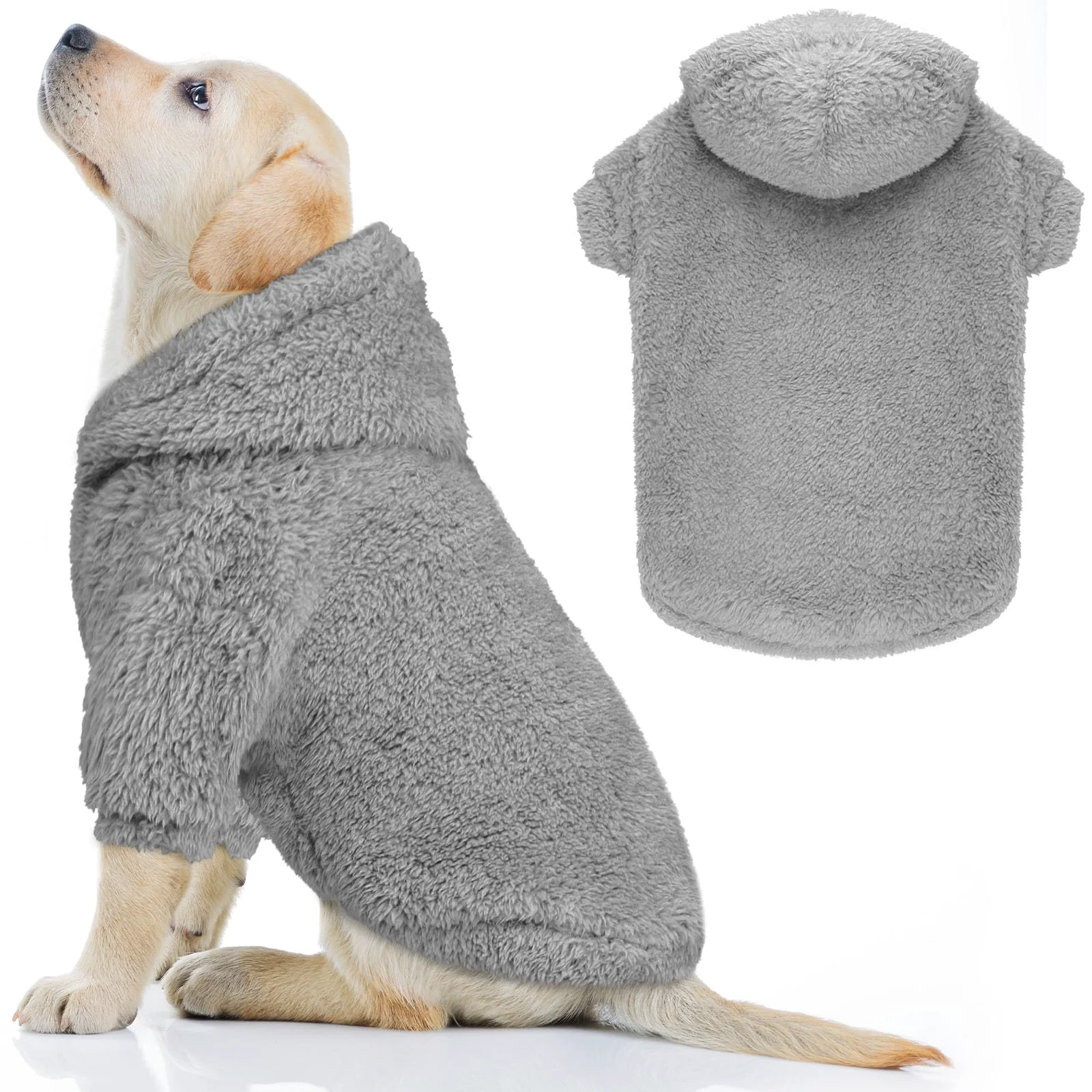 Artisan QDYU Fuzzy Dog Sweater for Medium Dogs – Double-Sided Plush Hooded Hoodie Grey Secure